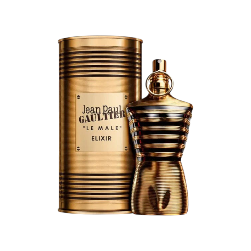 Perfume KingParfumCol Le Male Elixir de Jean Paul Gaultier en frasco dorado con rayas negras y su estuche cilíndrico