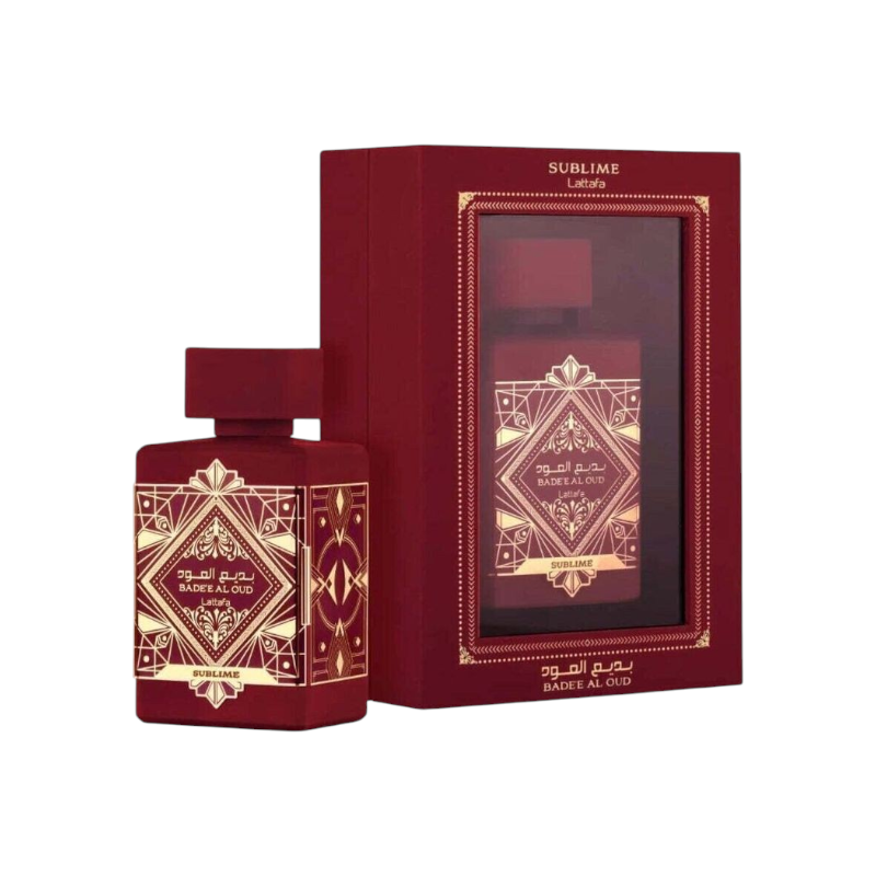 Perfume Bade'e Al Oud Sublime de Lattafa en frasco rojo con detalles dorados y caja de presentación de KingParfumCol