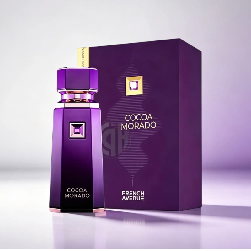 Perfume Coco Morado French Avenue de KingParfumCol en frasco morado elegante con caja a juego sobre fondo claro