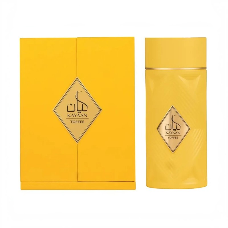 Perfume Kayaan Toffe Original de KingParfumCol en frasco y caja de color amarillo brillante con diseño elegante
