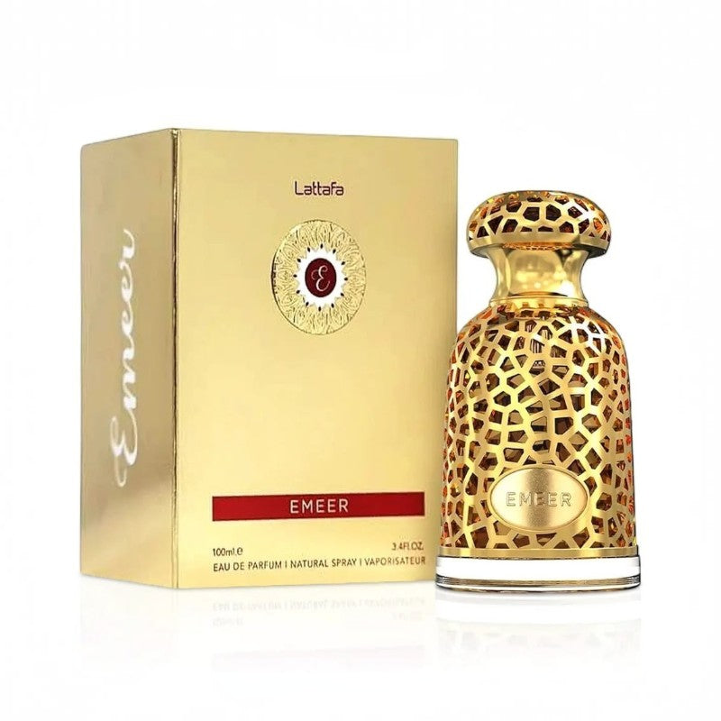 Perfume Emeer Lattafa de KingParfumCol en frasco dorado con diseño geométrico calado y caja de lujo a juego