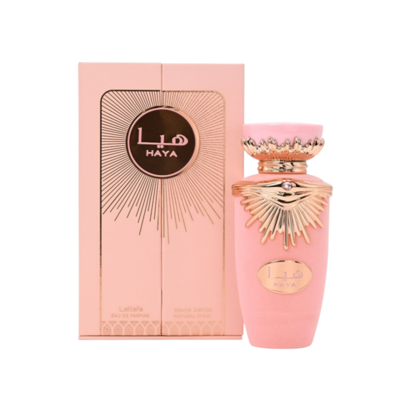 Perfume Haya Lattafa de KingParfumCol en frasco rosa mate con detalles dorados y caja a juego