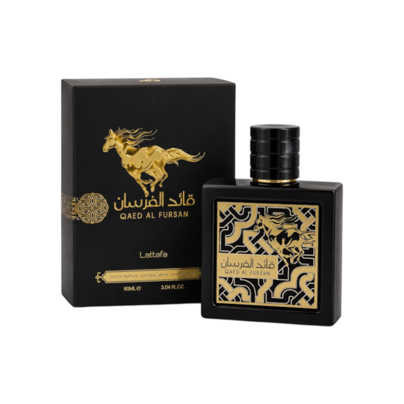 Perfume Qaed Al Fursan de KingParfumCol en frasco negro cuadrado con detalles dorados y caja a juego