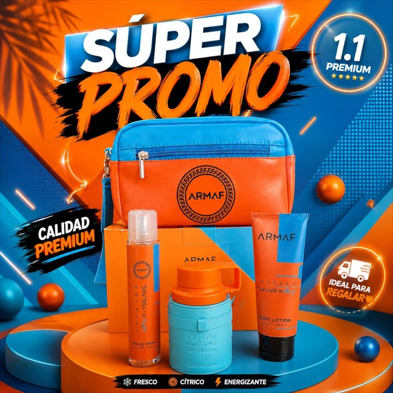Set de fragancia KingParfumCol Armaf Odyssey Mandarin Sky con neceser, perfume, loción corporal y spray de viaje