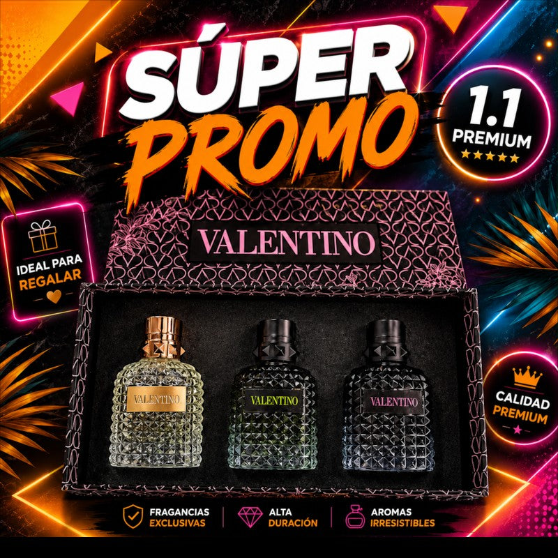 Set de fragancias KingParfumCol Valentino con tres perfumes de lujo en caja de regalo con diseño texturizado icónico