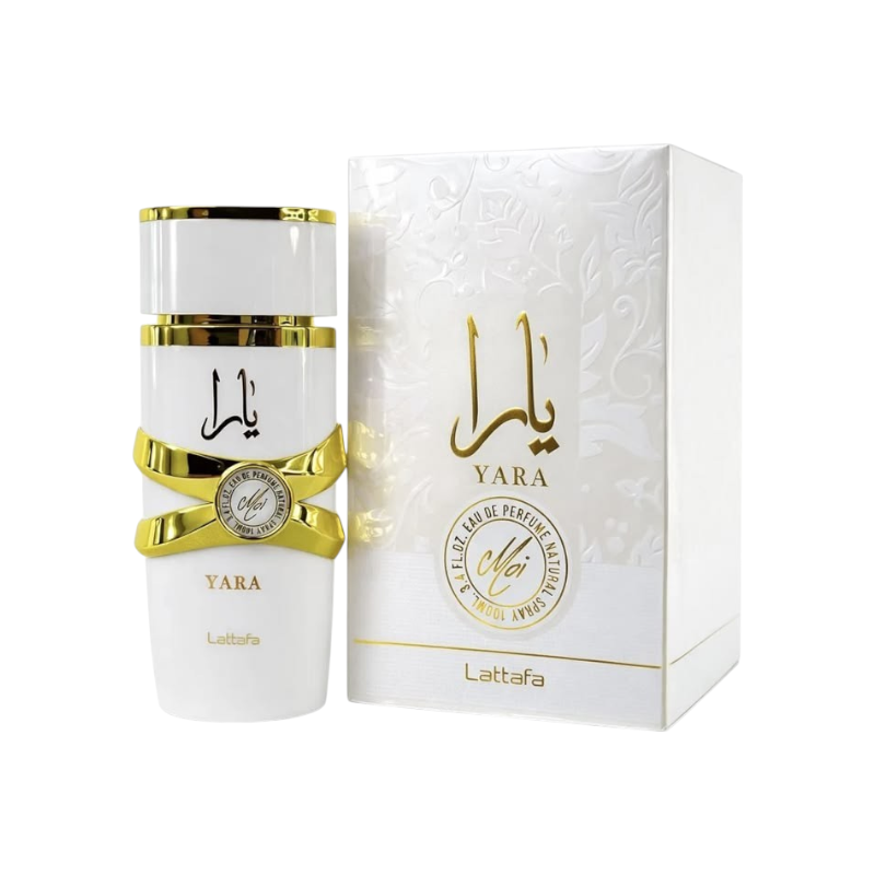Perfume Yara Moi Lattafa de KingParfumCol en frasco blanco con detalles dorados junto a su caja decorada