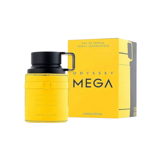 Perfume Odyssey Mega de Armaf en frasco amarillo con funda de cuero y caja a juego, disponible en KingParfumCol.