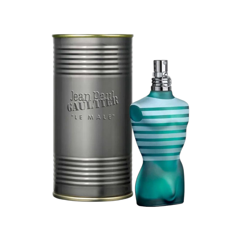 Perfume Le Male de Jean Paul Gaultier con frasco azul a rayas y lata metálica gris de KingParfumCol