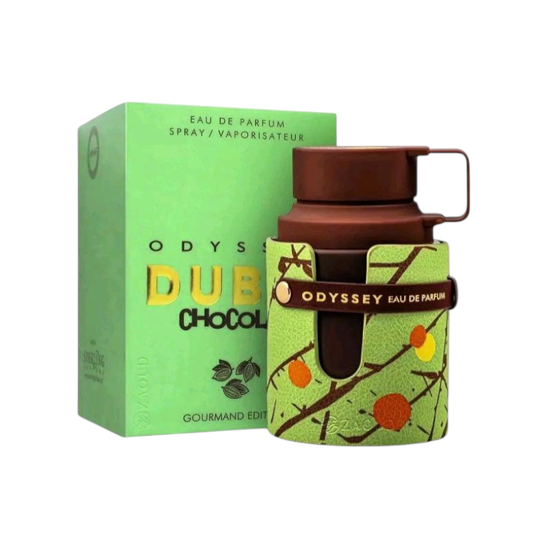 Perfume Odyssey Chocolat de KingParfumCol con frasco marrón y funda verde decorada con motivos de cacao