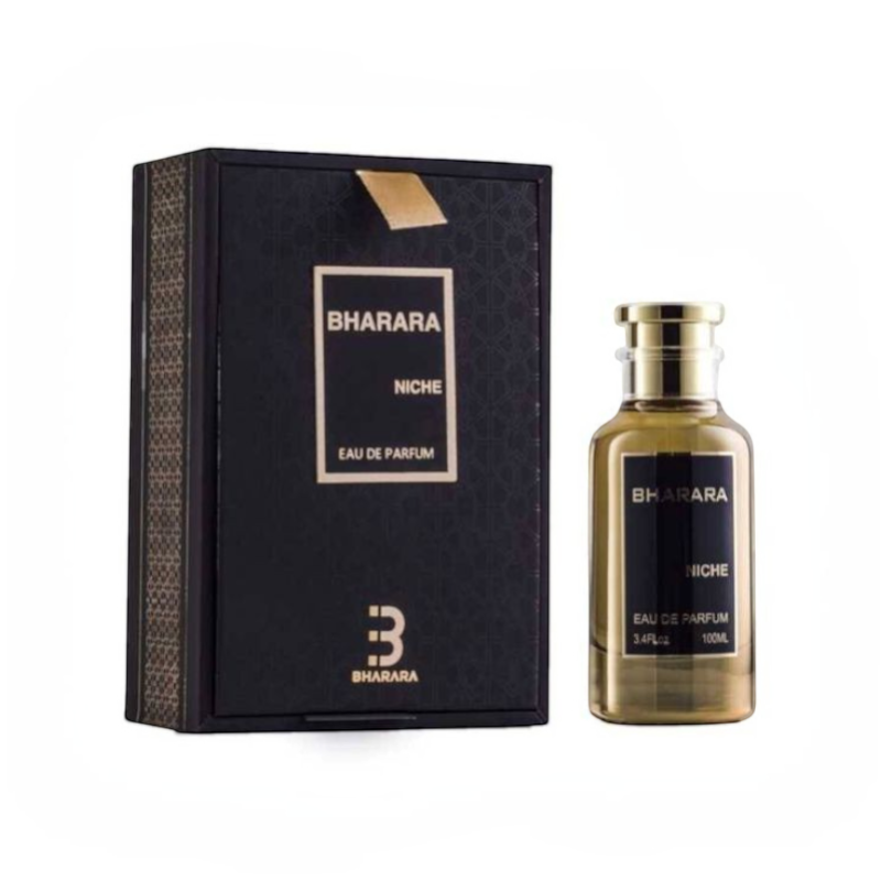 Perfume Niche de Bharara de KingParfumCol en frasco de 100ml junto a su elegante caja negra con detalles dorados