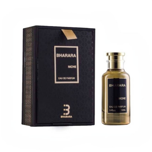 Perfume Niche de Bharara de KingParfumCol en frasco de 100ml junto a su elegante caja negra con detalles dorados