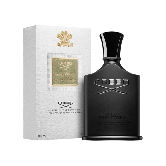 Perfume masculino Green Irish Tweed de Creed en frasco negro de 100ml junto a su caja blanca de KingParfumCol