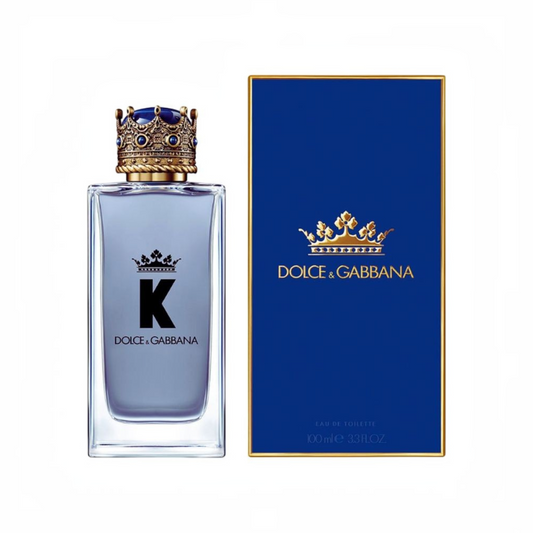 Perfume K by Dolce&Gabbana de KingParfumCol con frasco azul, tapón de corona dorada y caja a juego de 100ml