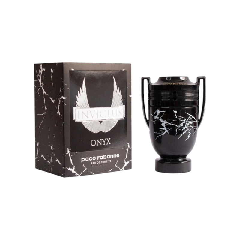 Perfume Invictus Onyx de KingParfumCol en frasco negro con diseño de mármol y caja a juego, aroma cítrico y amaderado.