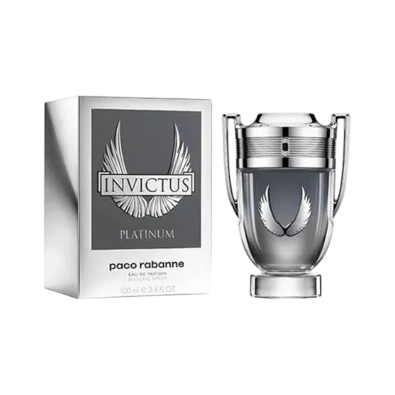 Perfume Invictus Platinum de Paco Rabanne en KingParfumCol, frasco en forma de trofeo con caja plateada y alas