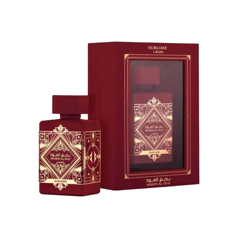 Perfume Bade'e Al Oud Sublime de Lattafa en frasco rojo con detalles dorados y caja de presentación KingParfumCol