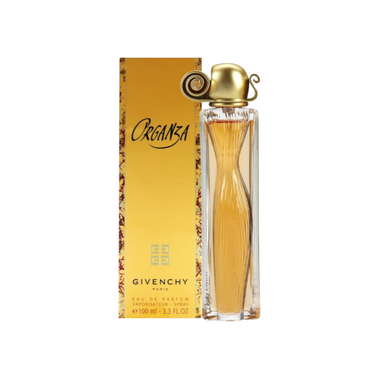 Perfume Organza de Givenchy de KingParfumCol en frasco de vidrio con tapón dorado y caja dorada de 100ml