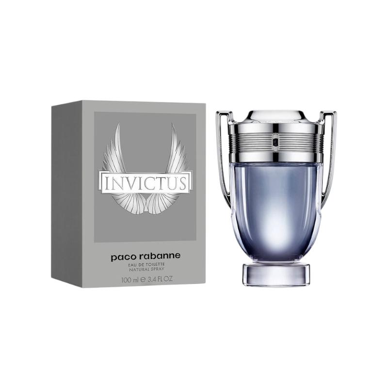 Perfume Invictus de Paco Rabanne 100ml en KingParfumCol con frasco en forma de trofeo y caja gris con alas plateadas.