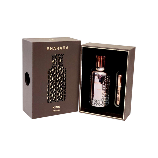 Set de regalo KingParfumCol Bharara King con perfume de lujo y atomizador de viaje en caja elegante color café