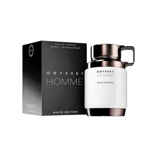 Perfume Odyssey Homme White Edition de Armaf en KingParfumCol, frasco blanco y negro con diseño moderno y elegante.