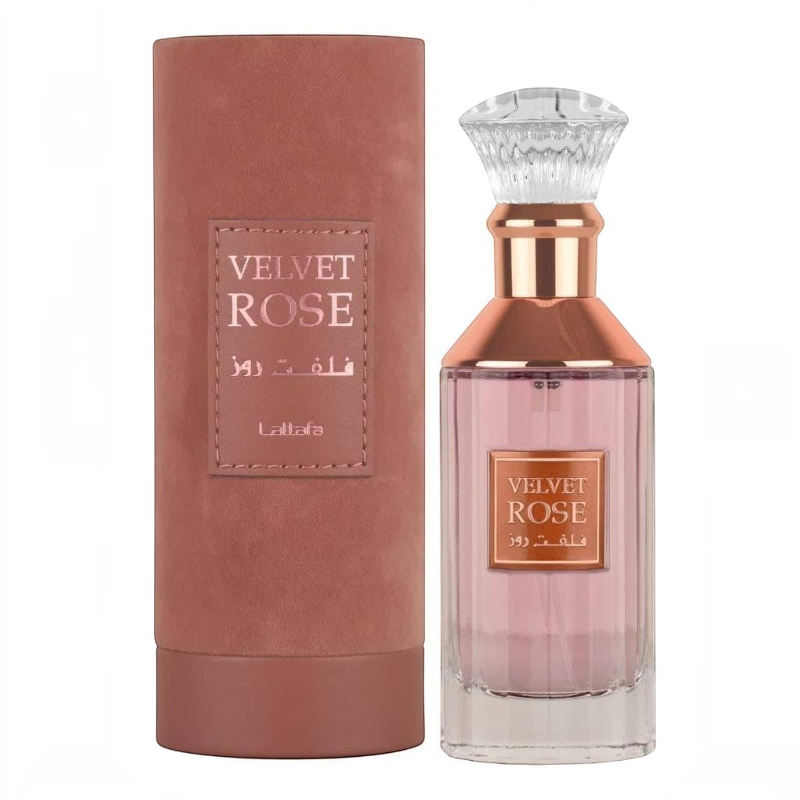 Perfume Velvet Rose de Lattafa de KingParfumCol en frasco de cristal con tapa decorativa y estuche cilíndrico rosa.