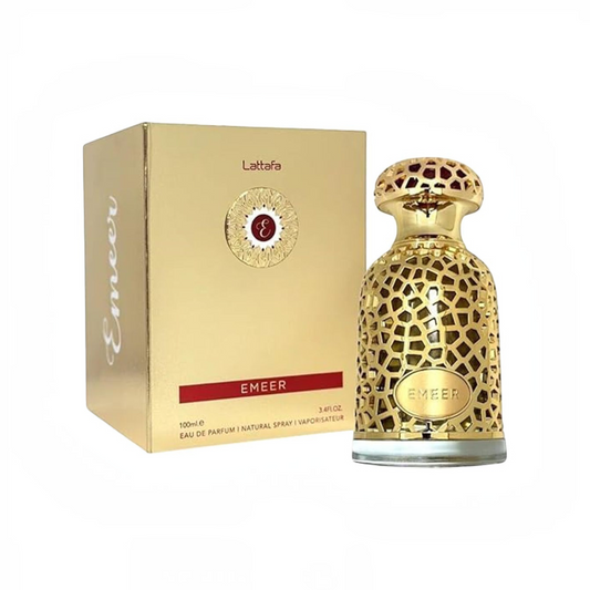 Perfume Emeer de Lattafa en KingParfumCol, frasco dorado con diseño calado y caja elegante a juego