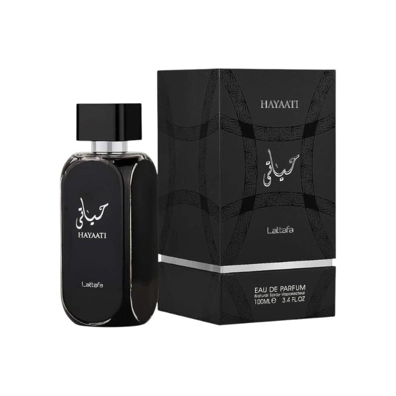 Perfume Hayaati de Lattafa de KingParfumCol en frasco negro elegante de 100ml con su caja decorativa a juego