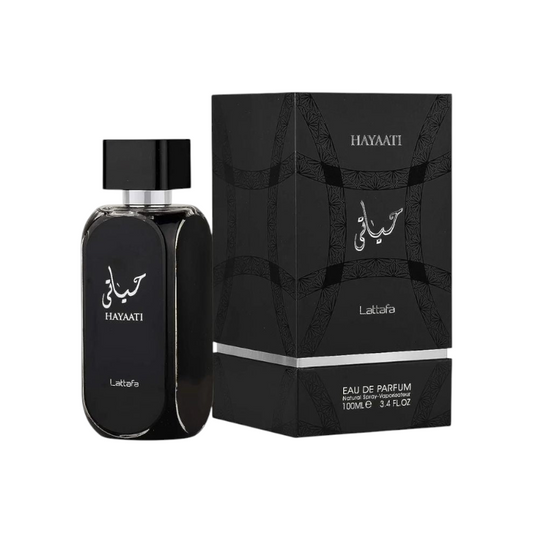 Perfume Hayaati de Lattafa de KingParfumCol en frasco negro elegante de 100ml con su caja decorativa a juego