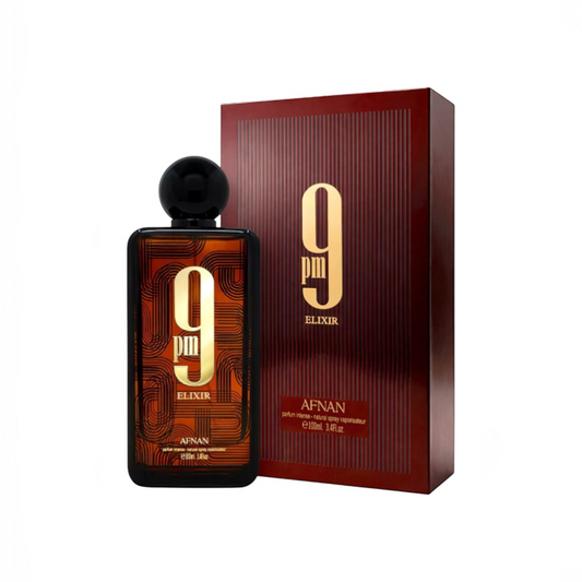 Perfume 9Pm Elixir de KingParfumCol en frasco de vidrio oscuro con caja de presentación color burdeos