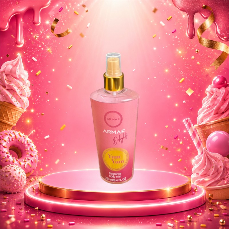 KingParfumCol Armaf Yum Yum body mist en botella rosa sobre podio brillante con confeti y fondo festivo