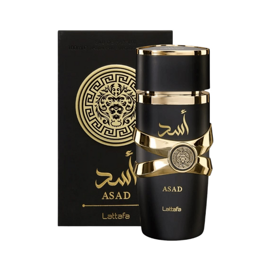 Perfume Asad Lattafa de KingParfumCol en frasco negro mate con detalles dorados y caja a juego