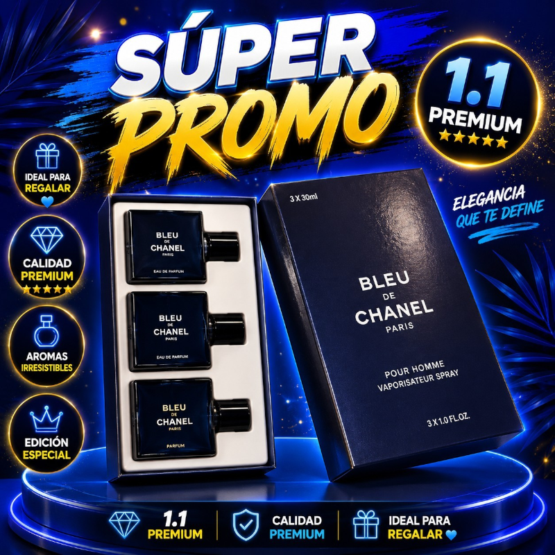 Set de viaje KingParfumCol Bleu de Chanel con tres frascos de perfume de 30ml en caja azul elegante