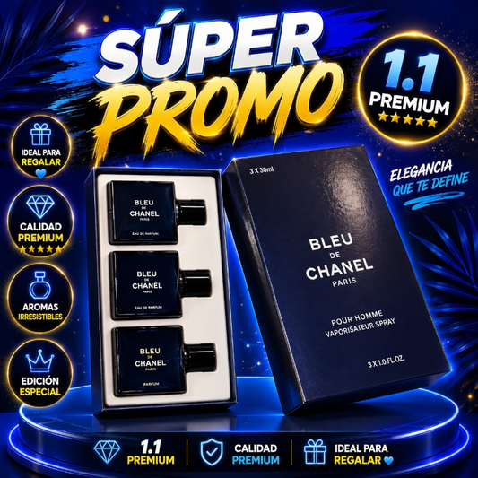 Set de viaje KingParfumCol Bleu de Chanel con tres frascos de perfume de 30ml en caja azul elegante
