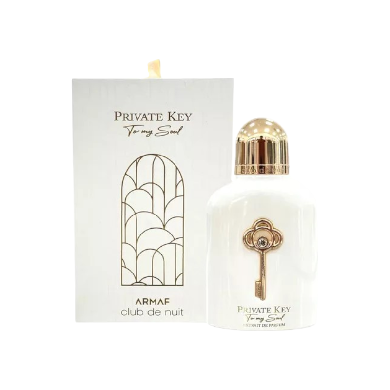 Perfume KingParfumCol Club De Nuit Private Key Original con frasco blanco y detalle de llave dorada junto a su caja