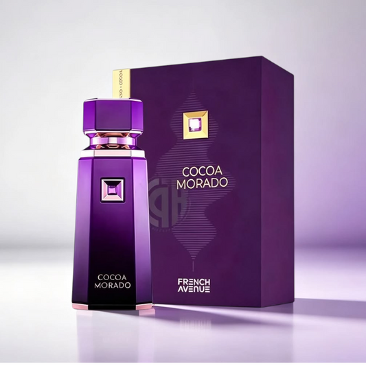 Perfume Coco Morado French Avenue de KingParfumCol en frasco morado elegante con caja a juego sobre fondo claro