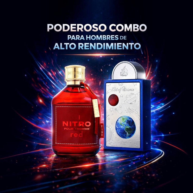 Combo de perfumes KingParfumCol para hombre con Nitro Red y Art of Universe sobre fondo dinámico de luces neón