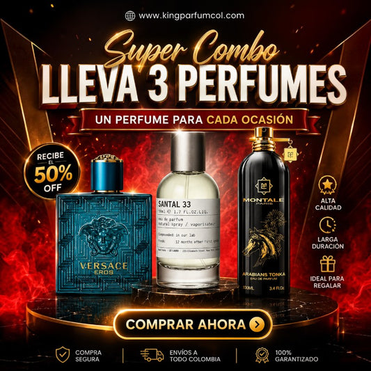 Combo Seductor 7 de KingParfumCol con perfumes Versace Eros, Le Labo Santal 33 y Montale Arabians Tonka sobre podio