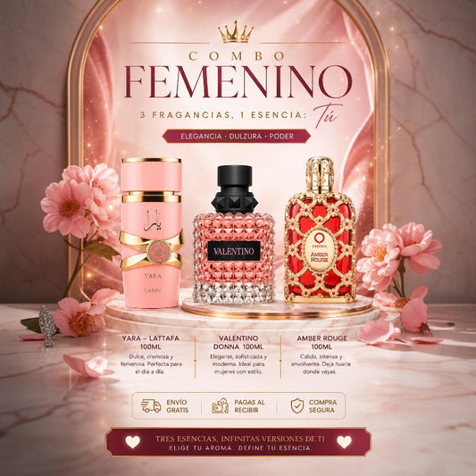 Combo de perfumes KingParfumCol para mujer con Yara Lattafa, Valentino Donna y Amber Rouge sobre pedestal decorado