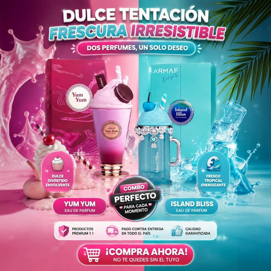 Combo de perfumes KingParfumCol Yum Yum dulce y Island Bliss fresco con diseño temático de batidos y elementos
