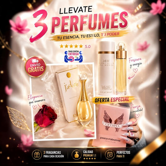Combo de 3 perfumes premium para dama de KingParfumCol incluyendo fragancias de Dior, Perry Ellis y Paco Rabanne.