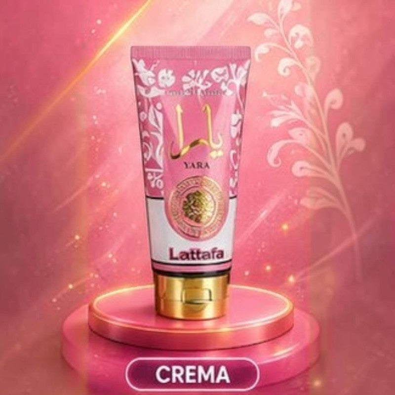 Crema corporal perfumada Yara de Lattafa en tubo rosa con detalles dorados, presentada por KingParfumCol