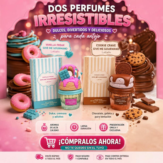 Dúo de perfumes KingParfumCol Vanilla Freak y Cookie Crave con envases temáticos de postres dulces y cremosos