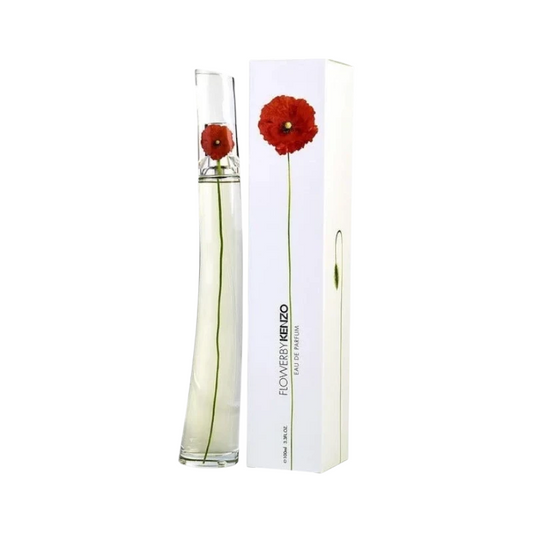 Perfume Flower by Kenzo de KingParfumCol con frasco de vidrio curvo y caja blanca decorada con una amapola roja