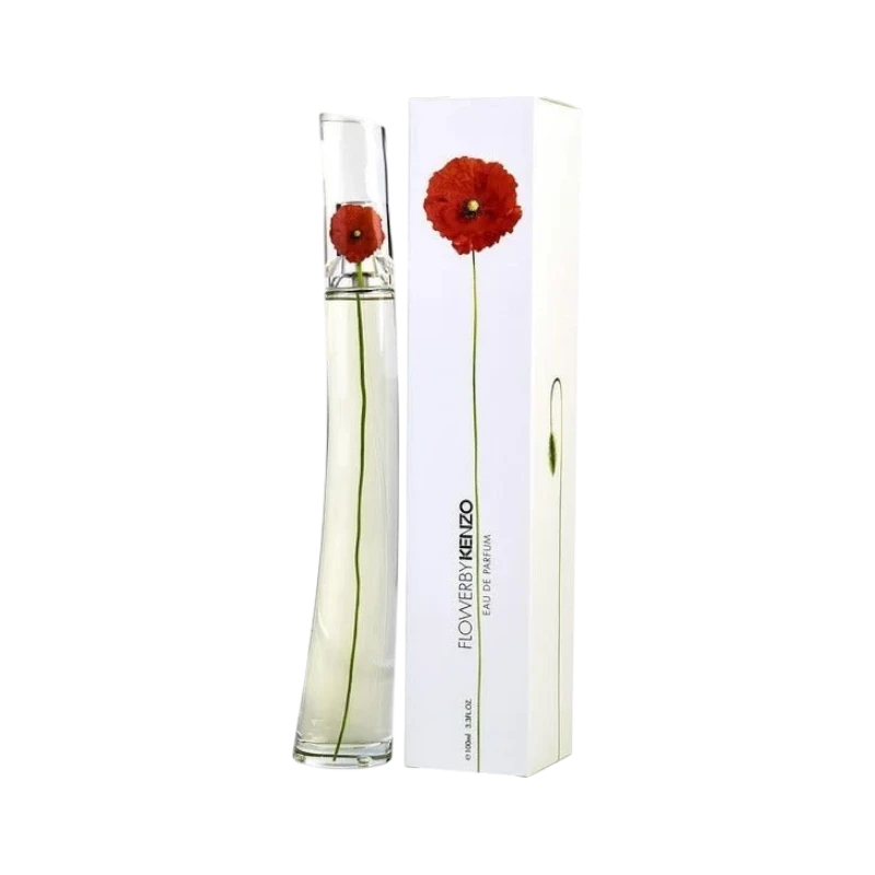 Perfume Flower by Kenzo de KingParfumCol con frasco de vidrio curvo y caja blanca decorada con una amapola roja