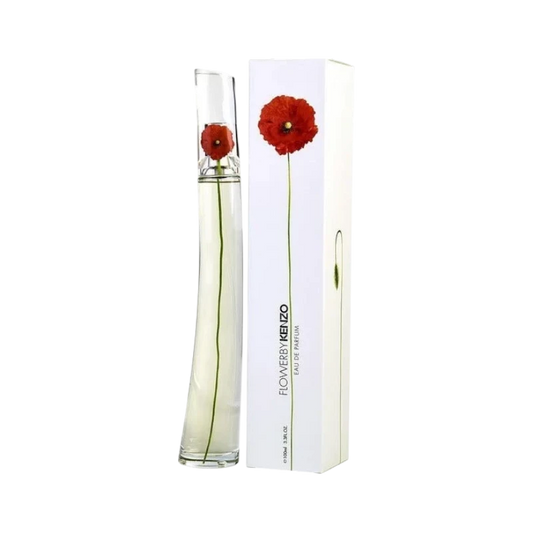 Perfume Flower by Kenzo de KingParfumCol con frasco de vidrio curvo y caja blanca decorada con una amapola roja