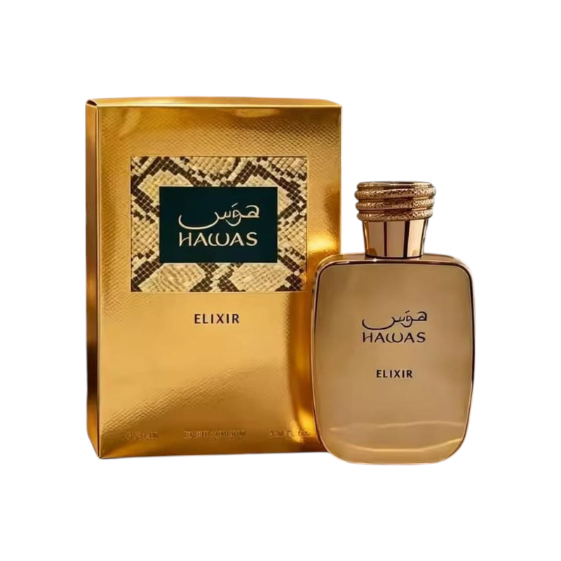 Perfume Hawas Elixir de KingParfumCol con frasco dorado y caja a juego con detalle de piel de serpiente