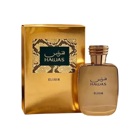 Perfume Hawas Elixir de KingParfumCol con frasco dorado y caja a juego con detalle de piel de serpiente