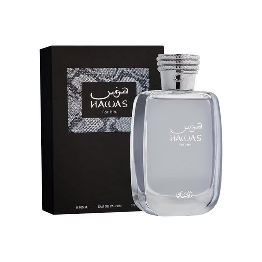 Perfume KingParfumCol Hawas For Him en frasco de cristal transparente con tapón plateado y caja negra elegante