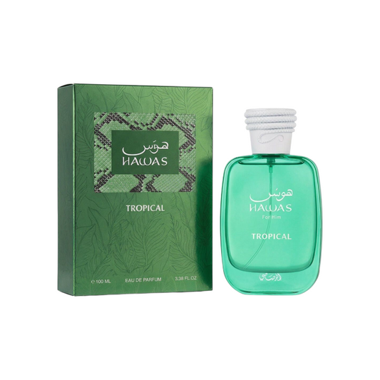 Perfume Hawas Tropical Original de KingParfumCol en frasco de vidrio verde con caja decorativa de hojas y serpiente
