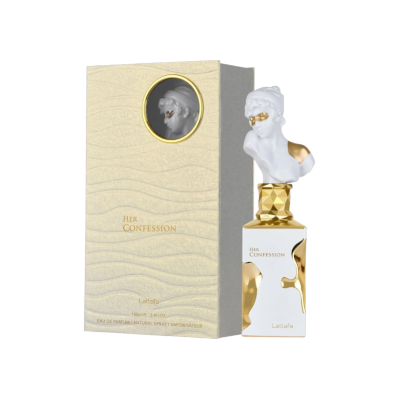 Perfume Her Confession Original de KingParfumCol con frasco escultural de busto blanco y detalles dorados y caja